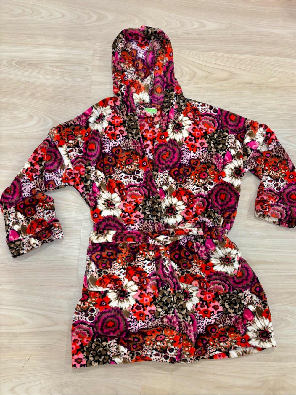 Vera Bradley Plush Robe Sz L/XL Hooded Fleece Pockets Belted Rosewood Floral